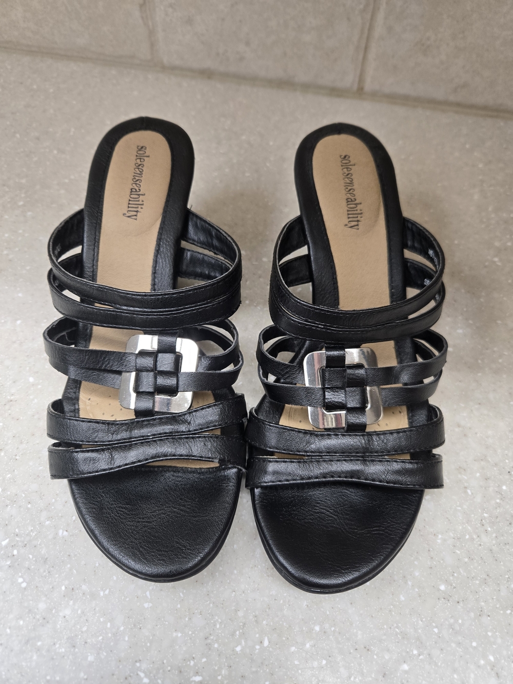 Kohl's Solesenseability Black Strappy Mule Sandals with Silver Buckle, Size 6.5